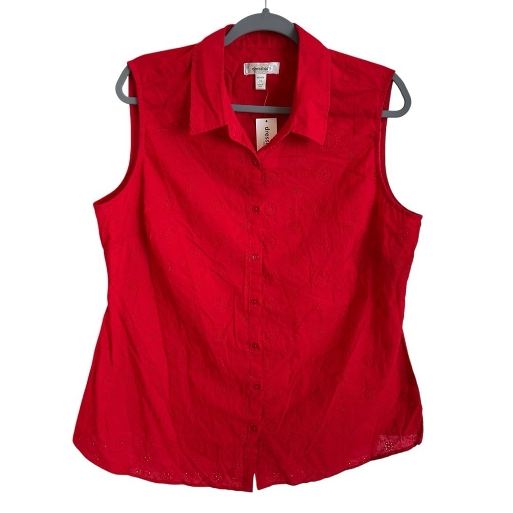 NWT Dressbarn Woman size 1X Red Eyelet Lace Button Up Tank Top Blouse Summer New
